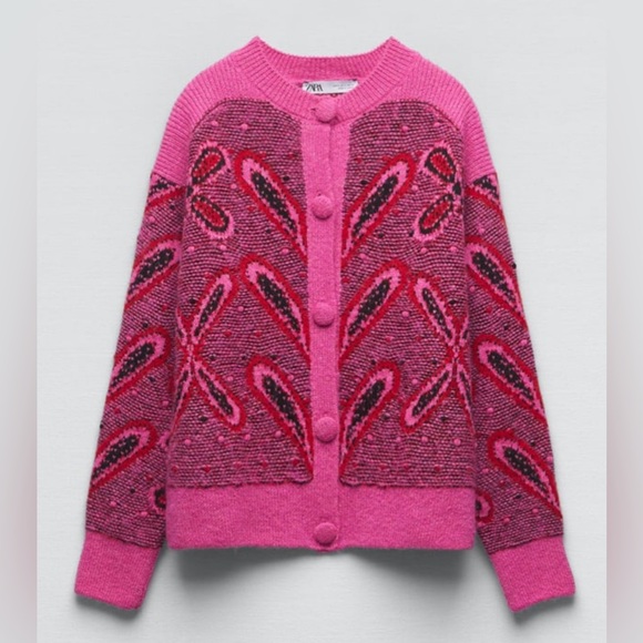 ZARA Pink Jacquard Knit Cardigan with Pompoms Size Large Bloggers Fave 5802/162 - Picture 2 of 14